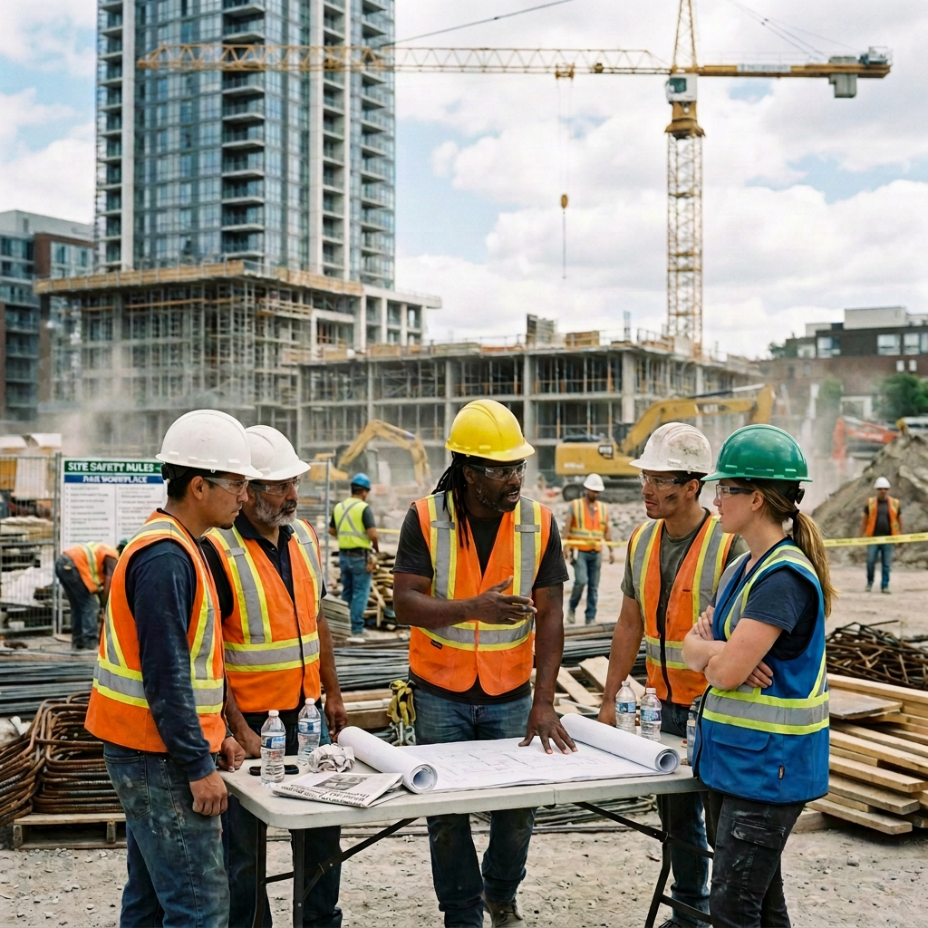 Five construction workers wearing safety gear around a table with blueprints at a busy construction site